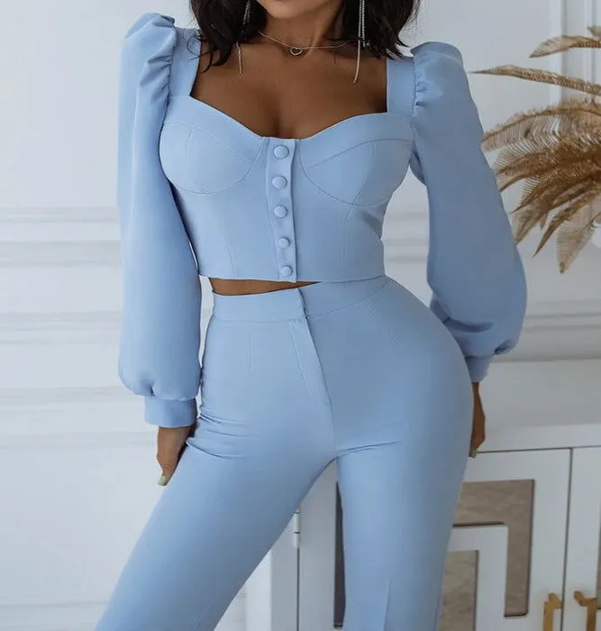 Bishop Sleeves Crop Top and Bell-bottom Pants