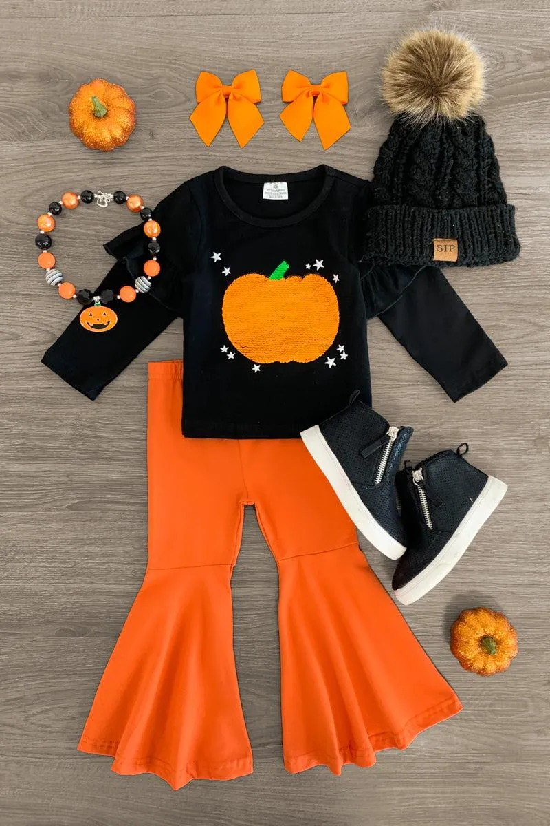 Orange Sequin Pumpkin Bell Bottom Set