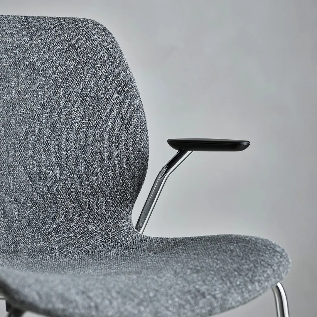 Seed Dining Chair w/ Open Arms - Upholstered -  Steel Base, Grey Lacquered