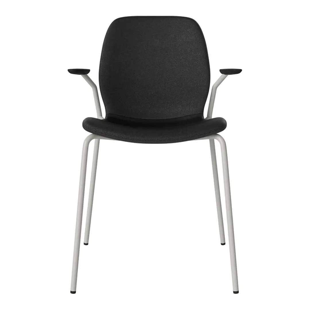 Seed Dining Chair w/ Open Arms - Upholstered -  Steel Base, Grey Lacquered