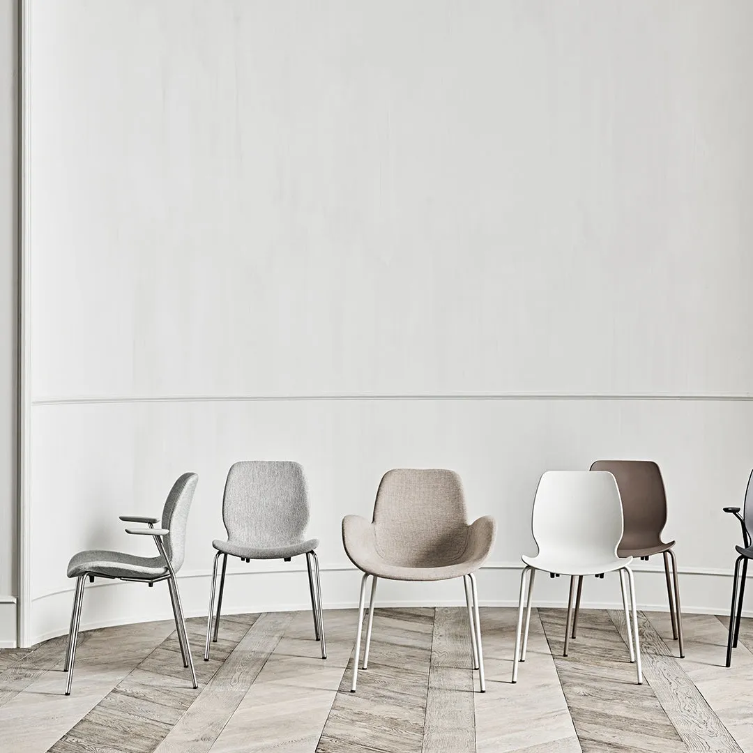 Seed Dining Chair w/ Open Arms - Upholstered -  Steel Base, Grey Lacquered