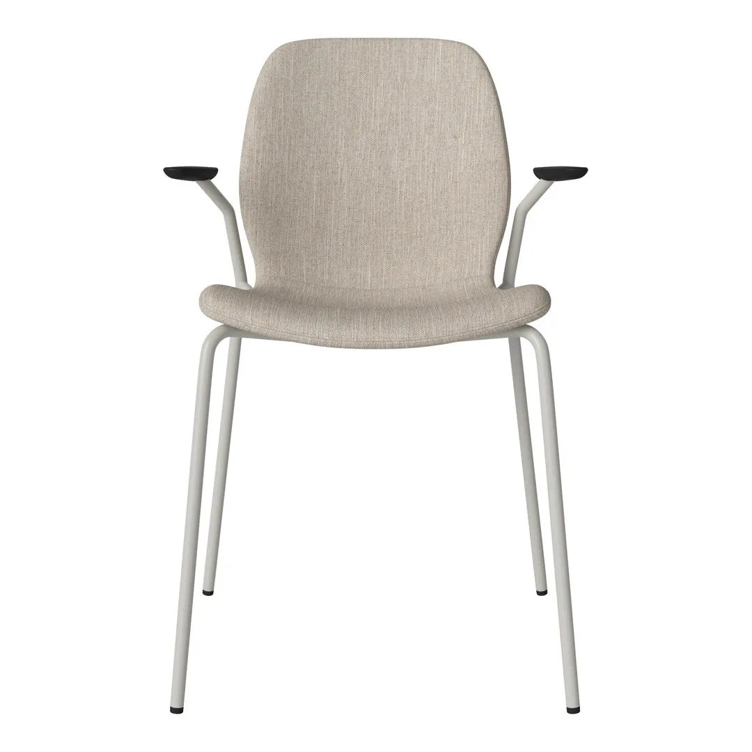 Seed Dining Chair w/ Open Arms - Upholstered -  Steel Base, Grey Lacquered