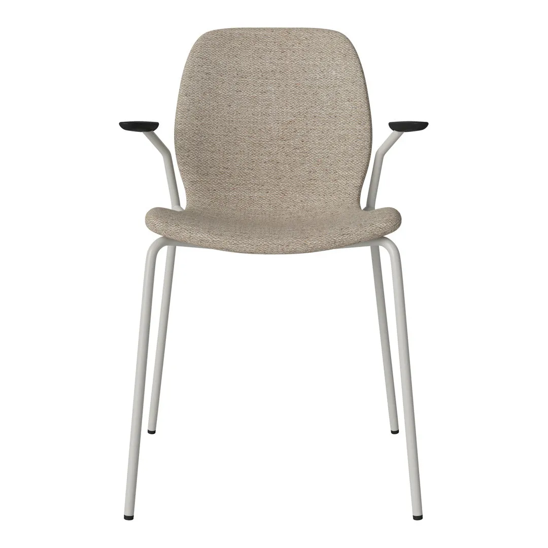 Seed Dining Chair w/ Open Arms - Upholstered -  Steel Base, Grey Lacquered