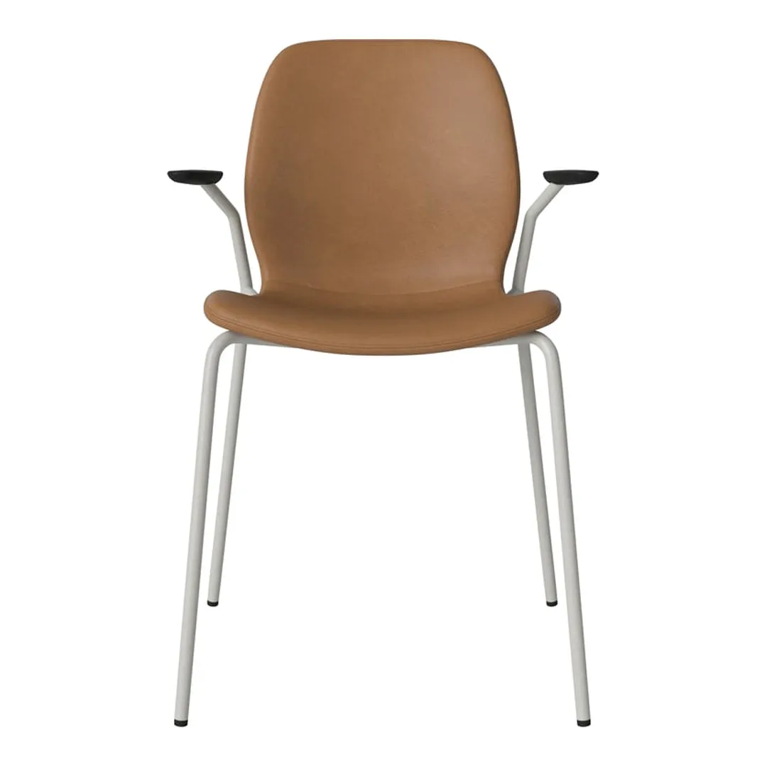 Seed Dining Chair w/ Open Arms - Upholstered -  Steel Base, Grey Lacquered