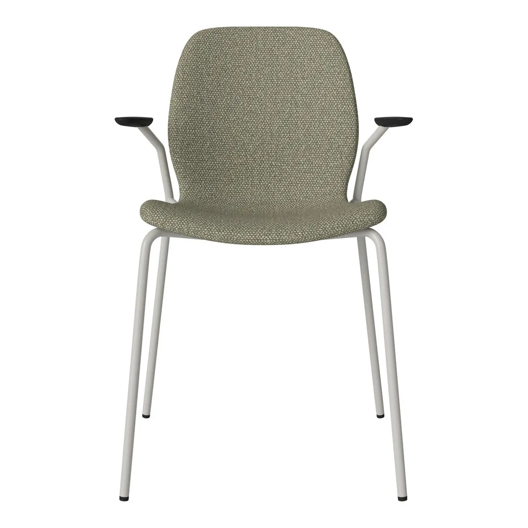 Seed Dining Chair w/ Open Arms - Upholstered -  Steel Base, Grey Lacquered
