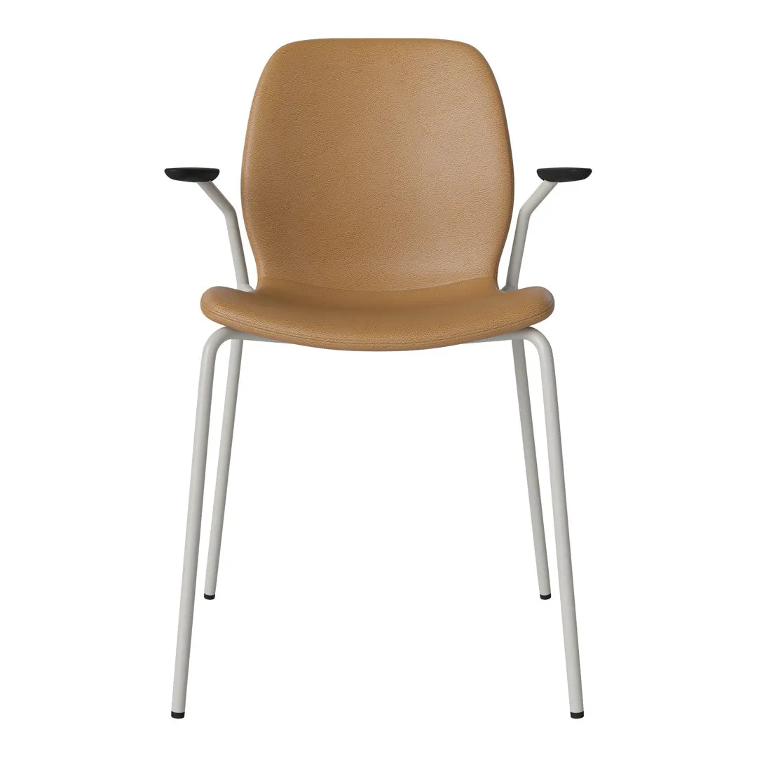 Seed Dining Chair w/ Open Arms - Upholstered -  Steel Base, Grey Lacquered
