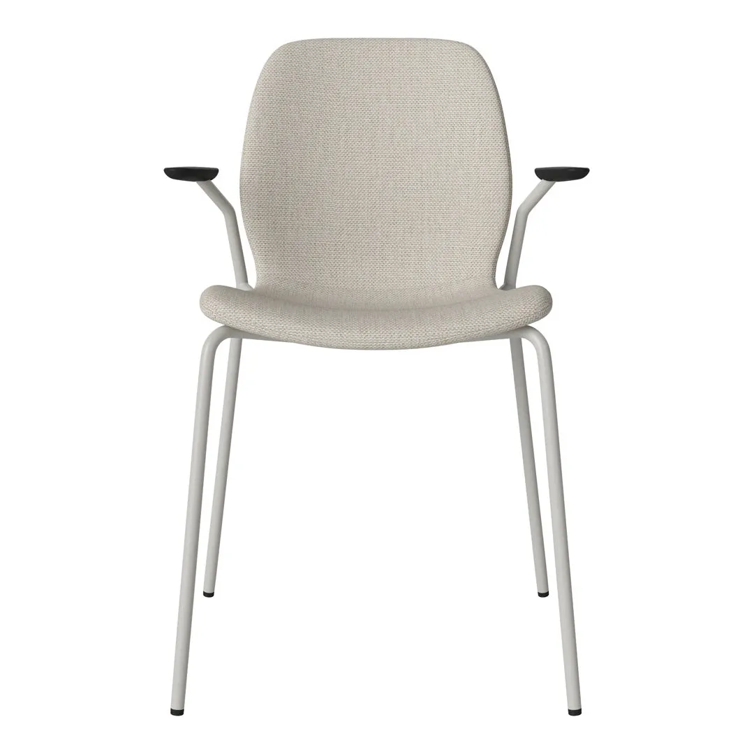 Seed Dining Chair w/ Open Arms - Upholstered -  Steel Base, Grey Lacquered